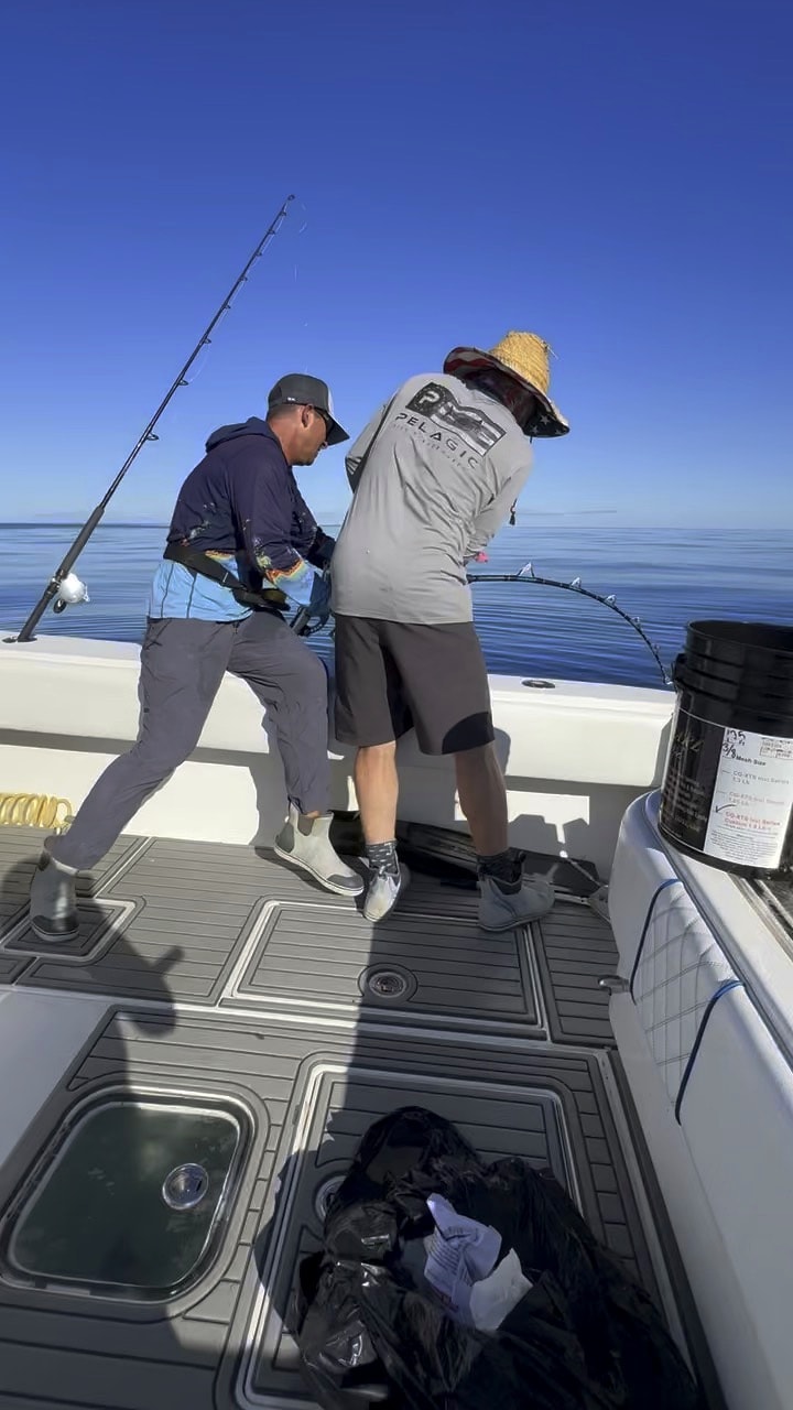 Two crew landing a fish over the rail