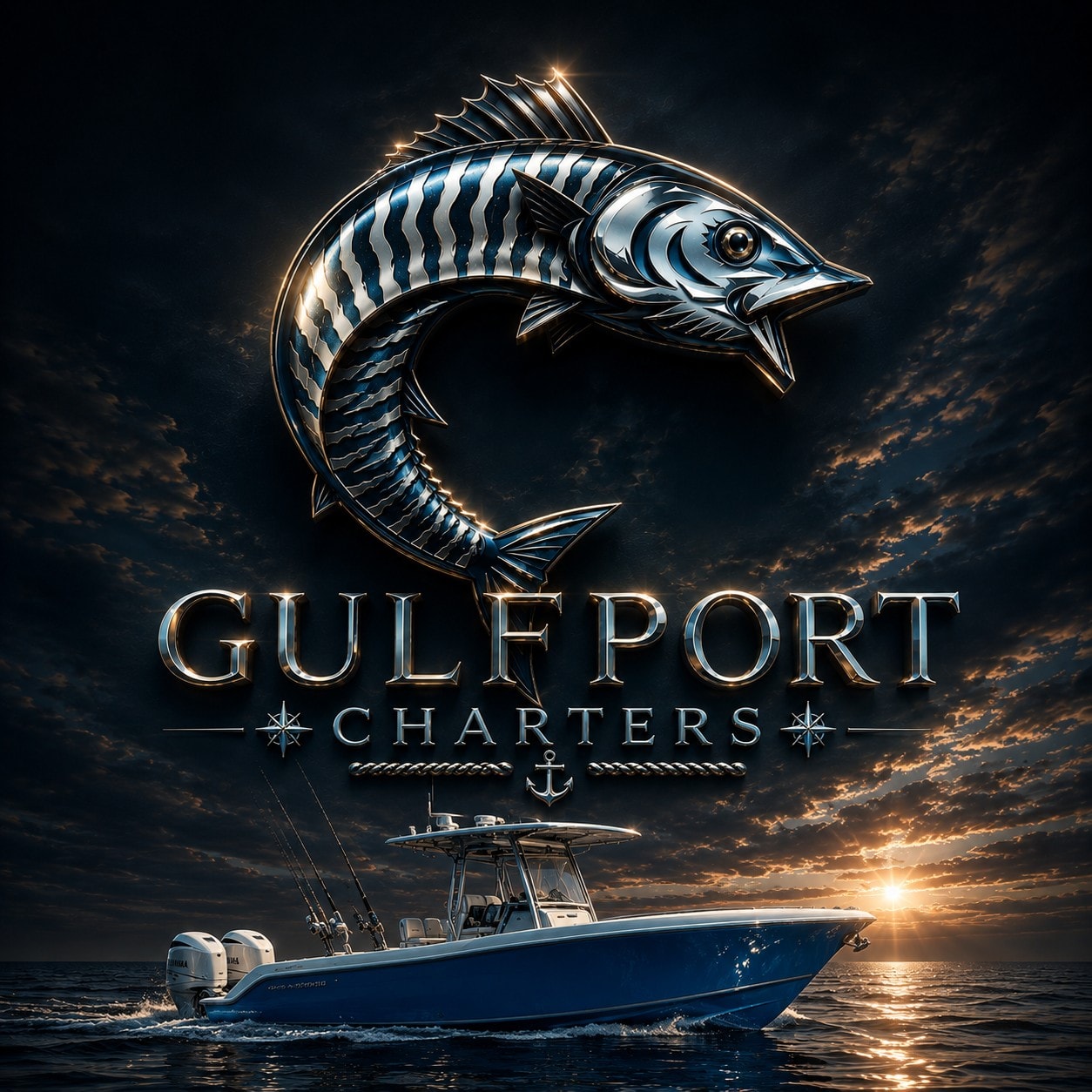 Gulfport Charters — the wahoo mark above the 35' Contender under a Gulf sunset